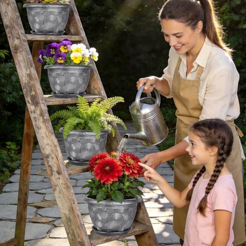 12-Inch -Plastic-Pots -For-Plant With Saucer, 4 Pack Outdoor Planters With Drainage Holes, Decorative Flower Pots For Indoor Plants, Modern 3D Swirl Silver Large Plant Pots With With Removable Tray - Image 3