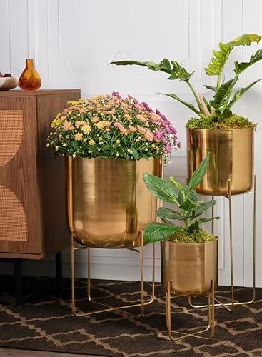 Serene Spaces Living Modern Mid‑Century Metal Indoor Planter with Stand, Gold Planter Pot for Houseplants & Indoor Plants – Living Room, Kitchen & Office, 7.25" Diameter & 13" Tall - Image 4