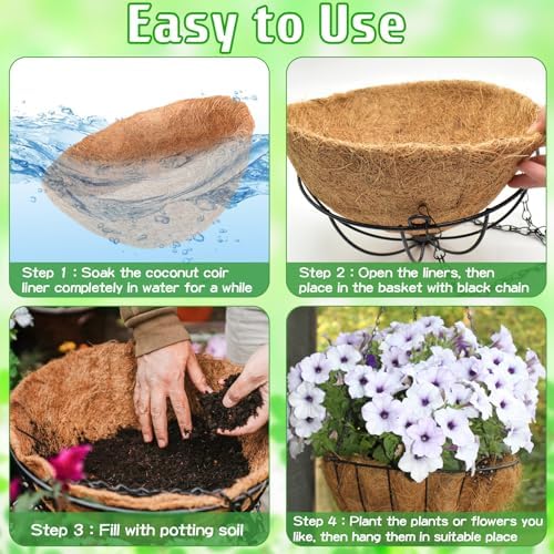 ZeeDix 6 Pack 14 Inch Metal Round Hanging Planter Basket with Coconut Liners Replacement, Hanging planters Baskets with Natural Coco Liner for Outdoor Indoor Planters Flowers Vegetables - Image 3