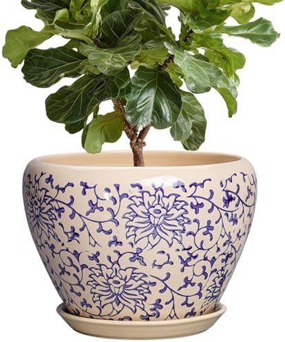 Ceramic Pots for Plants 10 Inch - Indoor Flower Pots with Drainage Hole and Tray, Decorative Pot for Indoor Outdoor Plants, Round Planters, Bathroom Decor, Gifts for Men Women, Retro Blue by Thirtypot