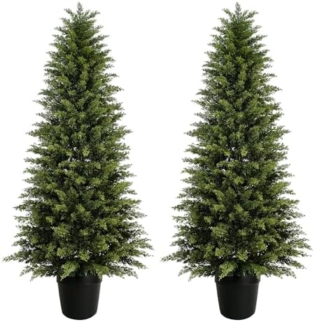 Mavis's Diary 5ft Artificial Cedar Topiary Tree, Set of 2 Realistic Faux Evergreen Shrub Plant in Planter, Indoor Outdoor Fake Cedar Tree for Front Porch, Entryway, Office & Home Decor by MavissDiary