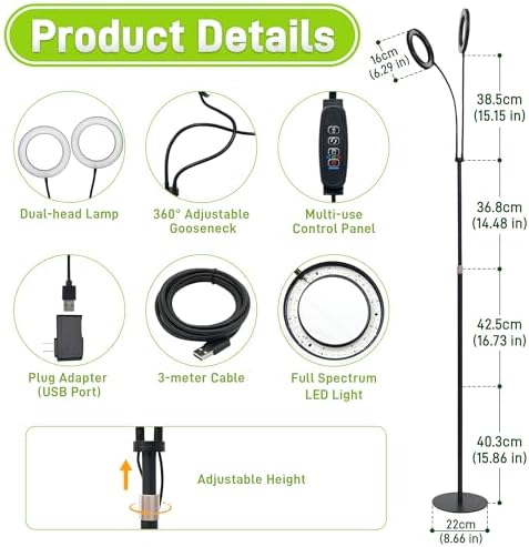 Grow Lights for Indoor Plants,Double Head Full Spectrum LED Plant Light with Stand,6 Dimmable Levels & 3 Lighting Modes, Auto On Off Timer 3/9/12H, 38-67 inches Adjustable Height, Black - Image 2