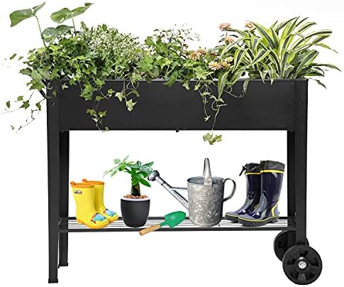 Piksedo Raised Garden Bed, Elevated Planter Metal Plant Box with Wheels with Legs Standing Garden Stand Drainage Holes Frosted Black by VEOAY