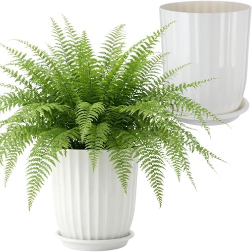 Briwooody 2 Pcs Tall Planter 15" Large Round Plastic Plant Pots with Drainage Hole and Tray White Modern Planter for Indoor Outdoor Plants Home Office Kitchen Bedroom Living Room Porch Patio Decor - Image 3