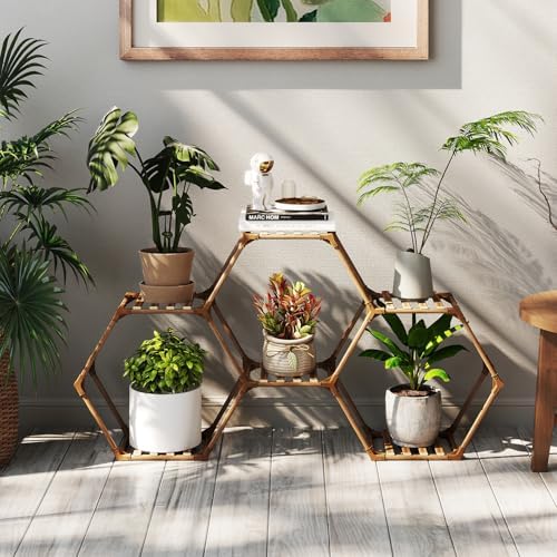 Tikea Hexagonal Indoor Outdoor Plant Stand, 6-Tier Wooden Plant Shelf by Tikea