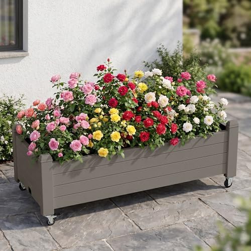 Raised Garden Bed with Wheels, Rolling Resin Planter Box, Gray - Image 2