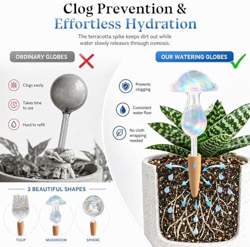 HyJeryty Non-Clogging Iridescent Mushroom Plant Watering Globes with Terracotta Spikes, Hand Blown Glass Self Watering Planter Insert, Watering Bulbs for Indoor Small & Medium Potted Plants (3 Pack) - Image 3