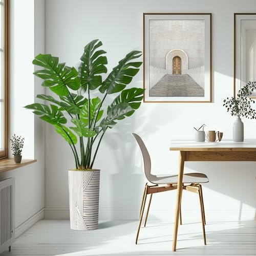 Artificial Tree in Geometric Pattern Planter, Fake Monstera Silk Tree for Indoor and Outdoor Home Decoration - 65" Overall Tall (Plant Pot Plus Tree) - Image 6