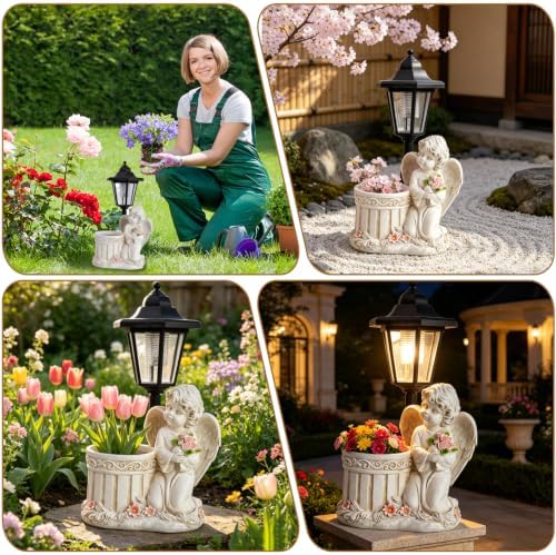 Angel Boy Garden Statue with Solar Lantern and Flowerpot Decor, Outdoor Solar Angel Garden Statue for Garden Lawn Patio Yard Decor Unique Housewarming Birthday Gifts for Women Mom - Image 4