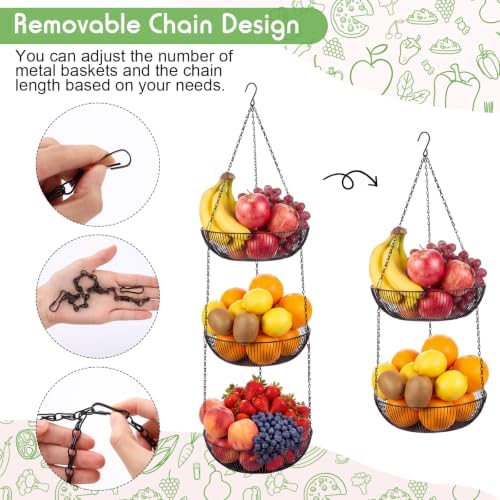 3-tier Hanging Fruit Basket, 44" Metal, Black, 11 x 3.2 Inch - Image 4