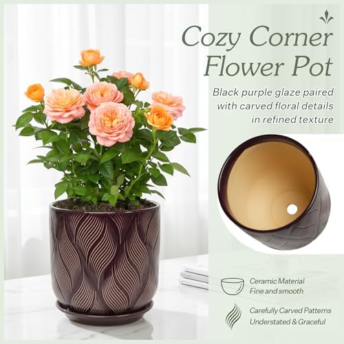 Ceramic Glaze Plant Pot Set 7.2+5.8 Inch Planter with Drainage Hole,Mesh Net,Saucer,for Indoor Outdoor (Leaf-Dark Purple) - Image 3