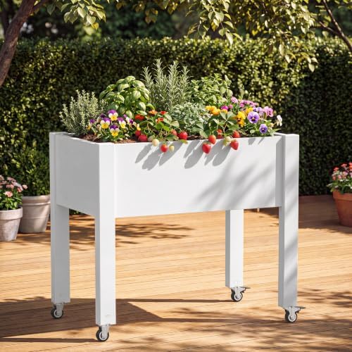 Elevated Raised Garden Bed with Wheels,Planter Outdoor Plants,Matte White - Image 2
