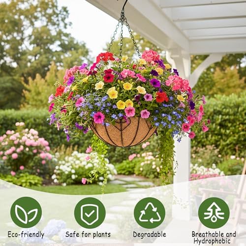 4pcs 16 inch Metal Hanging Baskets Round Wire Plant Stand with Coco Lining Cushion Decorative Planter Hanger Garden Indoor Outdoor Watering Hanging Basket （AX） - Image 3