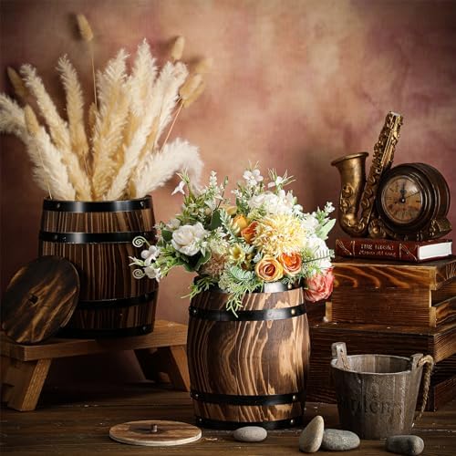 GlikCeil 6 Pcs Wood Wine Barrel Vase Flower Vase Container, 8 x 6.5 Inch - Image 3