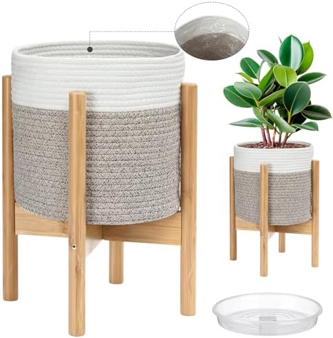 Plant Baskets Indoor with Liner, White and Brown, 10 Inch by Sunnychicc