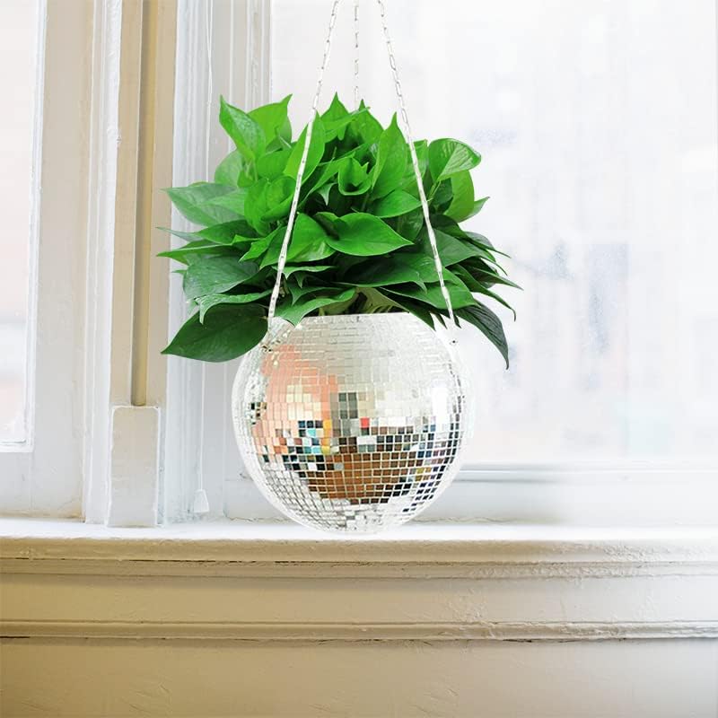 Disco Ball Planter,Disco Ball Plant Hanger,Mirror Disco Planter with Chain and Macrame Hanger,Boho Disco Ball Hanging Planter for Indoor Outdoor Plants,Home Decor (6inch, Green) - Image 3