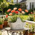 Distressed White Galvanized Metal Flower Planter Set of 2, Rustic Farmhouse Pot with Handle, Multi Use Tub for Garden Harvest Fruit Vegetables, Floral Craft Tool Organizer Indoor Patio Yard Decor - Image 2