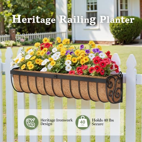 VOXOR Railing Planter Boxes, 30 Inch Window Boxes Planters, Balcony Planters with Adjustable Brackets & Coco Liner for Outdoor Fence, Deck, Porch, and Patio Gardening, 2 Pack - Image 3