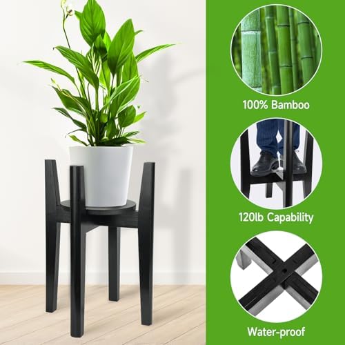 2 Packs Adjustable Plant Stand with Tray,Indoor Wood Plant Stand Fit 8'' to 12'' Planter,Mid Century Modern Flower Pot Holder Rack(Plant and Pot Not Included) Black - Image 4