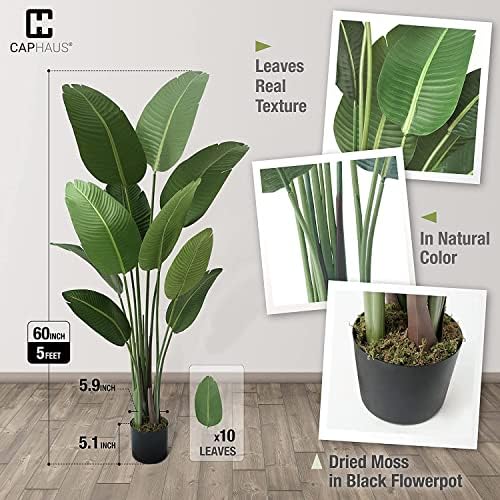 Fencer Wire Artificial Bird of Paradise Tree, Fake Plant in Pot with Dried Moss, Premium UV Resistant Lifelike Tropical Home Décor, 5 Feet, 60 Inch Faux Tree with 10 Trunks for Indoor/Outdoor Use - Image 2