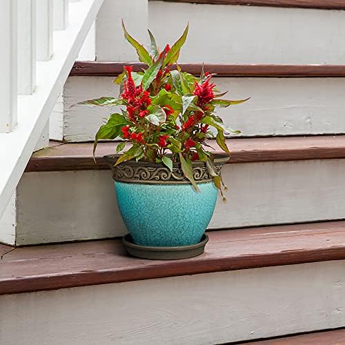Southern Patio Cadiz Round Crackled Ceramic Plant Pot, Teal, 8 in, 3-Pack - Image 7