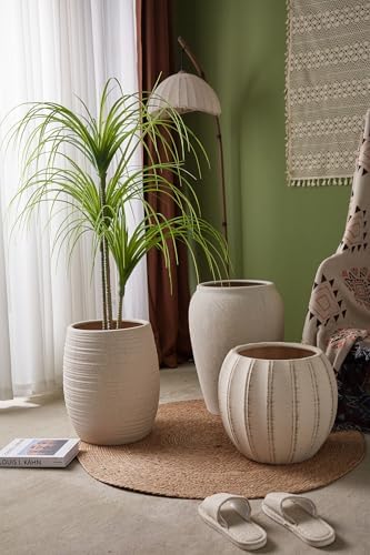 VISIBLE Large Round Ceramic Planter Pot, Beige, Radish Stripes Shape, 10.6 Inch Opening, 20.5 Inch Tall, Indoor Outdoor (Ceramic, Large) - Image 3