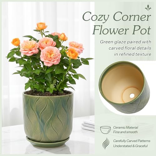 Ceramic Glaze Plant Pot Set 7.2+5.8 Inch Planter with Drainage Hole,Mesh Net,Saucer,for Indoor Outdoor (Leaf-Green) - Image 3
