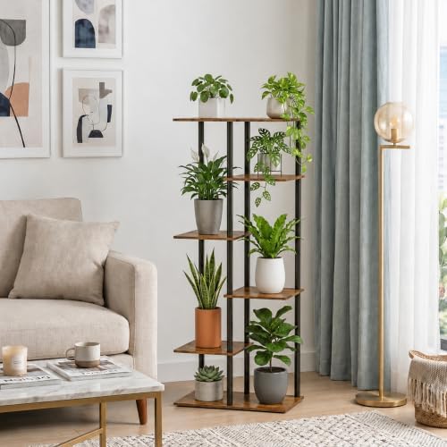 Corner Tall Plant Stand Indoor 6 Tier 8 Potted, Rustic Brown - Image 2