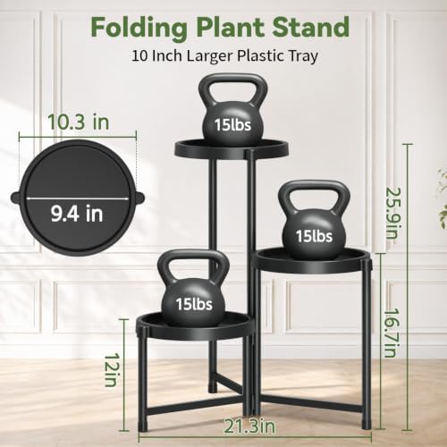 LASZOLA Plant Stand Indoor Outdoor with Large 10 Inch Plastic Tray, Black - Image 2
