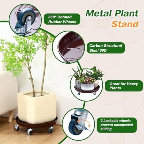 Planterhoma 3 Packs 18 Inch Metal Plant Caddy with Wheels Extra-large Rolling Plant Stand Heavy-duty Iron Plant Dolly Casters for Indoor Outdoor Flower Pot Mover Roller Coasters, Dark coffee - Image 2