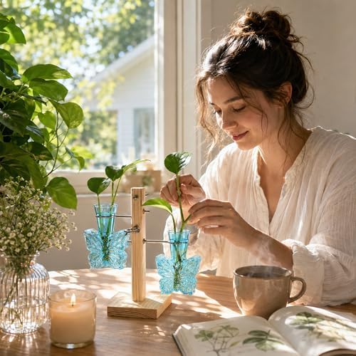 Nacome Plant Terrarium Propagation Stations: Blue Vase with Wooden Stand - Image 7