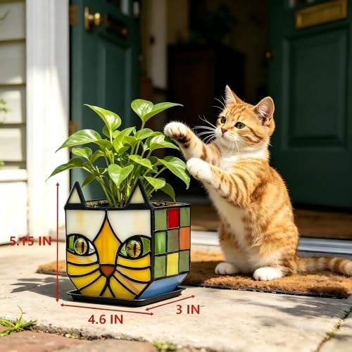 Tiffany Stained Glass Orange Cat Flower Pot,Handmade Cute Pots for Plants, Room and Office Decoration Glass Container Storage,Indoor Plant Pots with Drainage,Plant Gifts 4.6x3x5.15 in - Image 5