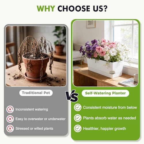 4 Pack Self Watering Pots for Indoor Plants 17 Inches Window Boxes Planters Rectangular Flower Pots Rectangle Herb Pots Large Plant Pots with Drainage Holes and Saucers Windowsill Planter, White - Image 6