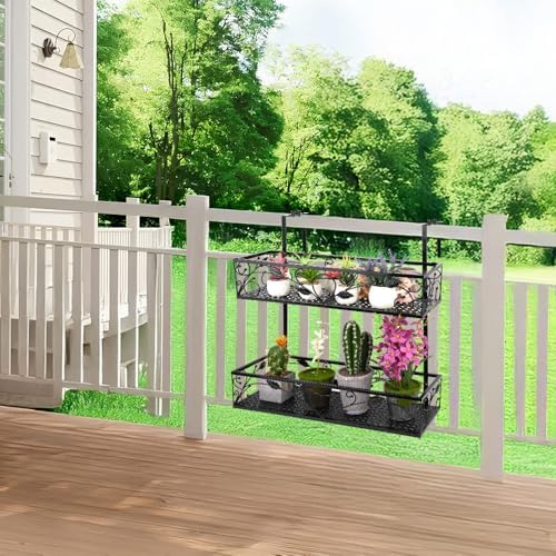 2-Tier Flower Pot Stand Rack, Balcony Railing Planters, Metal Hanging Plant Holder, Adjustable Plants Rack Bucket for Outdoor Patio Porch Fence (Black) - Image 7