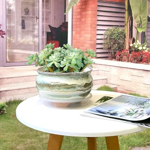 8 Inch Succulent Pot with Drainage and Saucer Glazed Terracotta Round Ceramic Succulent Planter Cactus Bonsai Plant Pot (Gream) - Image 4