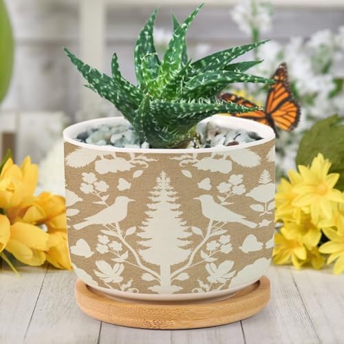 Chenonceau Birds and Botanicals Marine Planter Ceramic Chinoiserie White Bird Floral Round Plant Pot with Drainage Holes and Bamboo Tray Pot for Indoor Outdoor Garden - Image 6