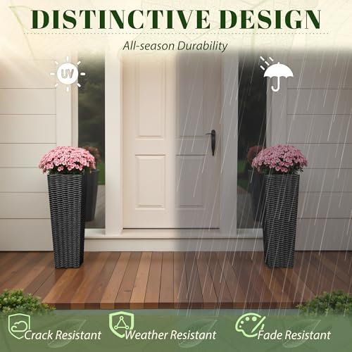 JUMMICO 23.5" Front Porch Resin Rattan Tall Planters 2 Pack, Inner Tray - Image 5