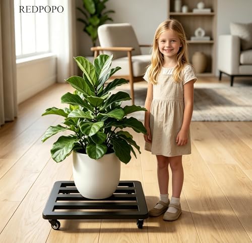 20IN Plant Caddy with Wheels Heavy Duty ,Rounded-Square Metal Rolling Plant Stand Lockable Casters, Rust-Proof Plant Dolly Indoor Outdoor Use for Large Planters - Image 3