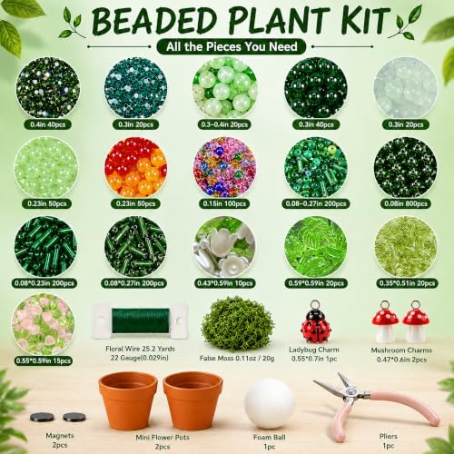 LWPFSD Beaded Plant Kit with 2 Mini Pots & Fridge Magnets, DIY Bead Plant Making Kit with Plant Beads, Craft Wire, Foam Balls, Moss & Pliers, Forever Beaded Plant Craft Gift for Adults - Image 5