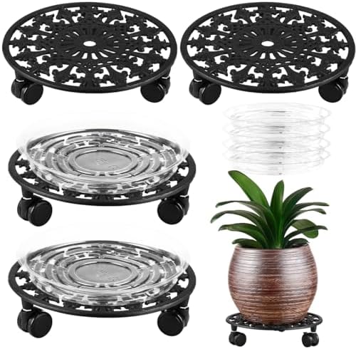 4 Pack Plant Caddy with Wheels, PlanterHoma 11 Inch Metal Plant Stand with Wheel Heavy Duty Wrought Iron Planter Dolly Rolling Stand Plant Roller with Caster for Indoor and Outdoor with 4 Pack Saucers by Planterhoma