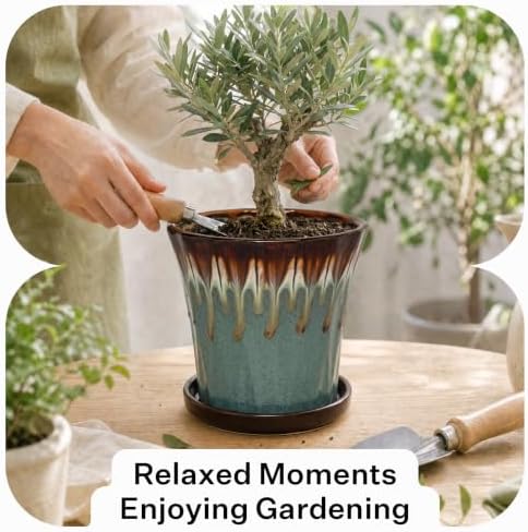 6.6 Inch Ceramic Planters with Drainage Hole and Saucer,Indoor Outdoor Large Flower Pots, Garden Pot for Plant Lovers (Drip Blue) - Image 5