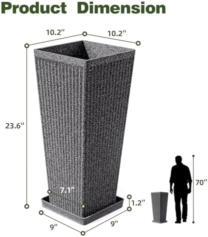 Square Tall Planters for Outdoor Plants with Tray - 24" Gray 2Pack - Image 2