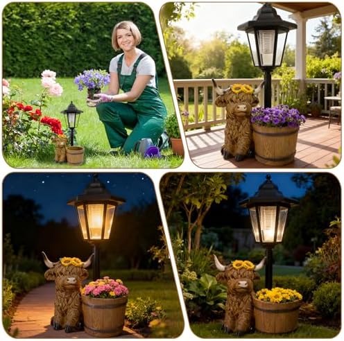 Highland Cow Garden Outdoor Statues with Solar Lights and Flowerpot Decor Animal Figurines Sculptures Resin Outdoor Statues for Patio Yard Lawn Balcony Mom Grandma Gifts - Image 6