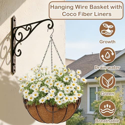 14 inch Metal Hanging Baskets for Plants Outdoor, 4 Pack Metal Wire Hanging Basket Planter with Coco Liner Flower Pots for Indoor Outdoor Garden Porch Patio, Heart-Shaped - Image 2