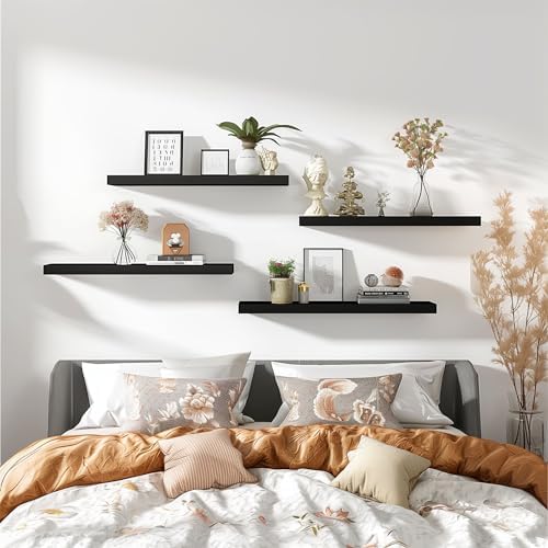 YYWUOJJ Wood Floating Shelves for Wall Decor, Rustic Wall Shelves for Bedroom Bathroom Kitchen Living Room, Set of 4 Black 24 Inch - Image 5