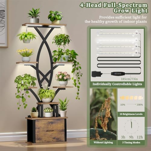 Plant Stand Indoor with Grow Lights - 8 Tiered Plant Shelf with Storage Drawer, 65" Tall Plant Shelf with Grow Light & 2 Hooks, Corner Plant Stand for Indoor Plants, Metal Plant Holder for Home, Patio - Image 4