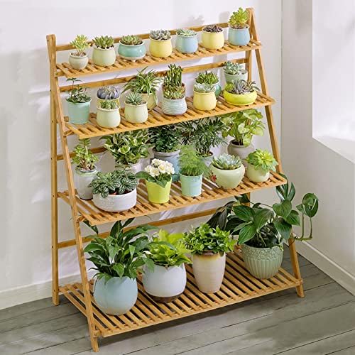 LIGUOYI 4-Tier Ladder Plant Stand, Multi Plant Pot Holder Bamboo Garden Shelves Storage Organizer Rack, 4 Colors Folding Flower Plant Stand Display Rack for Patio Garden Living Room by LIGUOYI