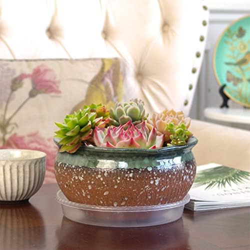 8 Inch Glazed Terracotta Plant Pot Round Ceramic Succulent Planter Pot with Drainage and Saucer Cactus Clay Pot Bonsai Pot (Dark Green Rim) - Image 6