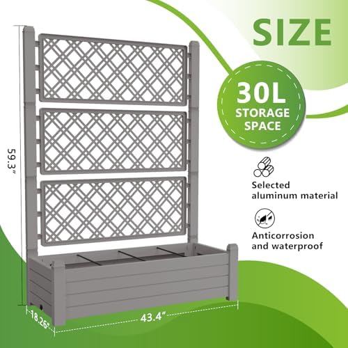 Vixzen 59" Tall Raised Garden Bed,Outdoor Large Resin Planter Box with Trellis and Drain Plug for Climbing Plants,Easy to Assemble,Water Monitor Grey, 43.43"×18.27"×59.29" - Image 3