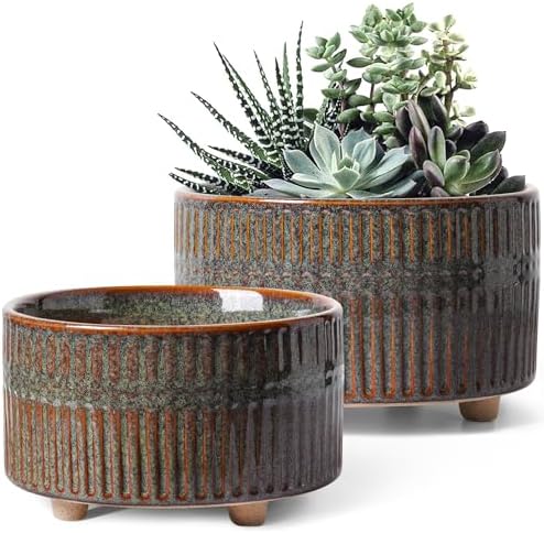 LE TAUCI Succulent Pots, 6.5+8 Inch Ceramic Pots for Plants Indoor, Shallow Round Succulent Planters with Drainage Hole, Set of 2, Reactive Glaze Black by LETAUCI